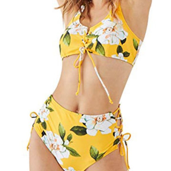 Cupshe swim bikini bottoms - High rise -XXL - Yellow with white floral details - Picture 8 of 9